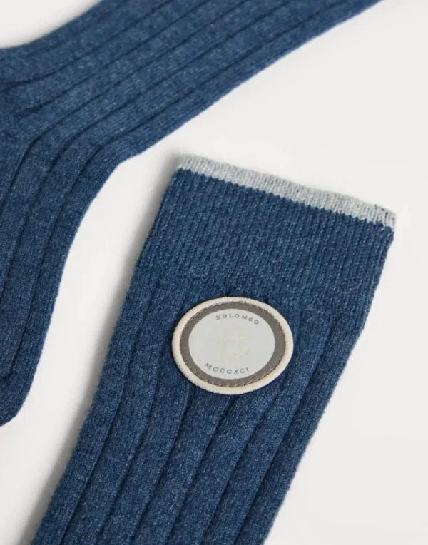 Accessori-Brunello Cucinelli Calzini in maglia di cashmere a coste con patch Blu (C9383)