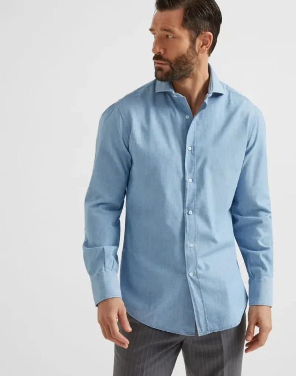 Camicie-Brunello Cucinelli Camicia basic fit in chambray effetto denim con colletto francese Denim Medio (C011)