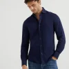 Camicie-Brunello Cucinelli Camicia basic fit in piquet di cotone con colletto francese Blu Navy (C9670)