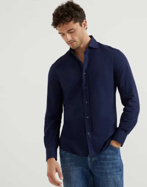 Camicie-Brunello Cucinelli Camicia basic fit in piquet di cotone con colletto francese Blu Navy (C9670)