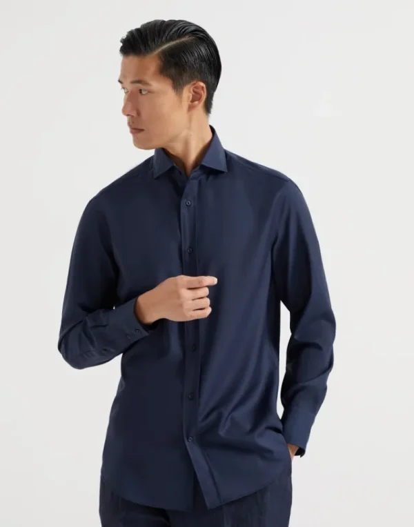 Camicie-Brunello Cucinelli Camicia basic fit in popeline di lana vergine con colletto francese Blu (C045)