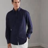 Camicie-Brunello Cucinelli Camicia basic fit in twill di cotone e cashmere con colletto button down Blu (C415)