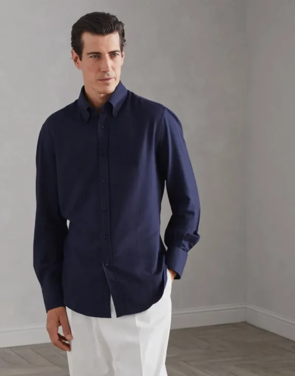 Camicie-Brunello Cucinelli Camicia basic fit in twill di cotone e cashmere con colletto button down Blu (C415)