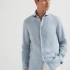 Camicie-Brunello Cucinelli Camicia easy fit in lino con colletto francese Cielo (C132)