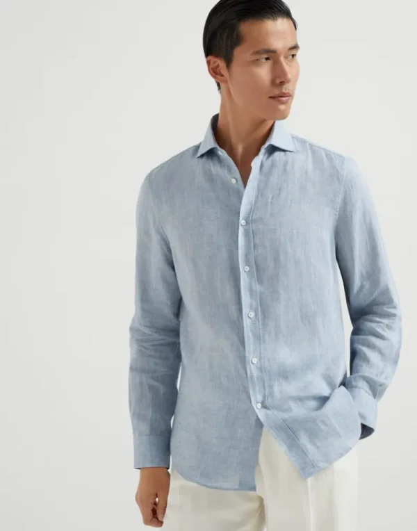 Camicie-Brunello Cucinelli Camicia easy fit in lino con colletto francese Cielo (C132)