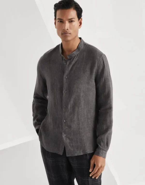 Camicie-Brunello Cucinelli Camicia easy fit in lino con collo coreana Carbone (C045)