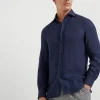 Camicie-Brunello Cucinelli Camicia easy fit in lino con colletto francese Blu Navy (C019)