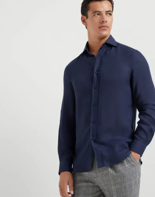 Camicie-Brunello Cucinelli Camicia easy fit in lino con colletto francese Blu Navy (C019)