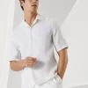 Camicie-Brunello Cucinelli Camicia easy fit in lino con manica corta e colletto camp Bianco (C112)