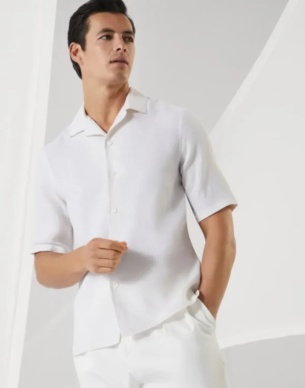 Camicie-Brunello Cucinelli Camicia easy fit in lino con manica corta e colletto camp Bianco (C112)