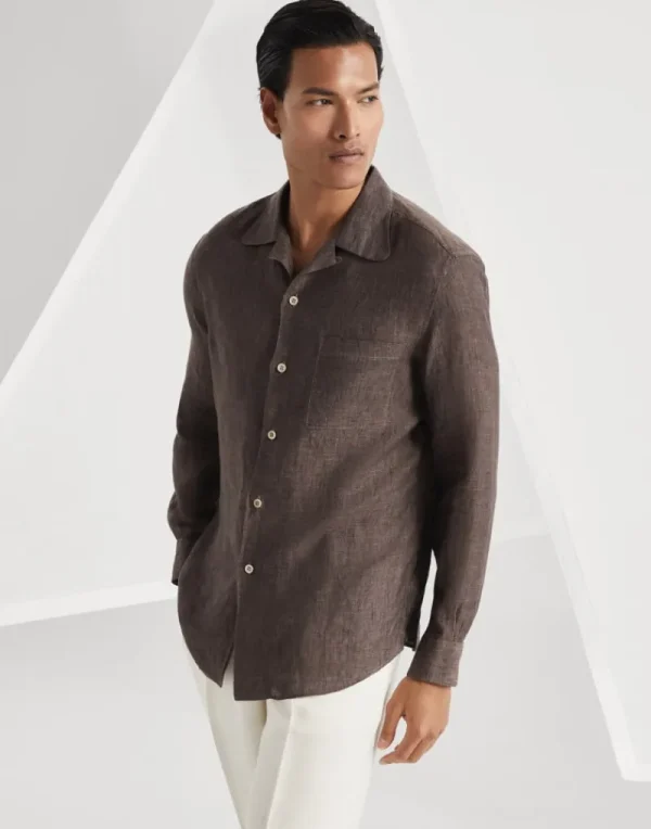 Camicie-Brunello Cucinelli Camicia easy fit in lino con colletto camp e taschino Arabica (C525)