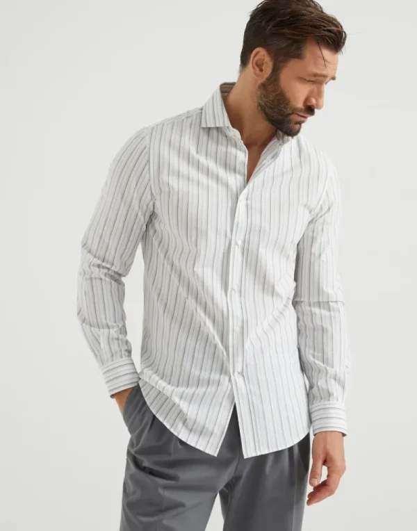 Camicie-Brunello Cucinelli Camicia easy fit in tela multiriga di cotone con colletto francese Denim (C001)