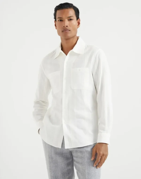 Camicie-Brunello Cucinelli Camicia easy fit in tela con riga Jacquard tono su tono e taschini Panama (C003)