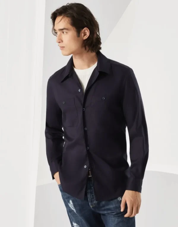 Camicie-Brunello Cucinelli Camicia easy fit in twill tinto capo con taschini Blu Navy (C063)