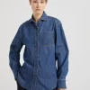 Camicie-Brunello Cucinelli Camicia in denim leggero con Shiny Tab Denim Medio (C8983)