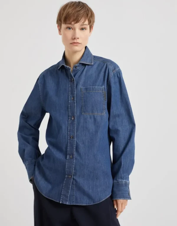 Camicie-Brunello Cucinelli Camicia in denim leggero con Shiny Tab Denim Medio (C8983)