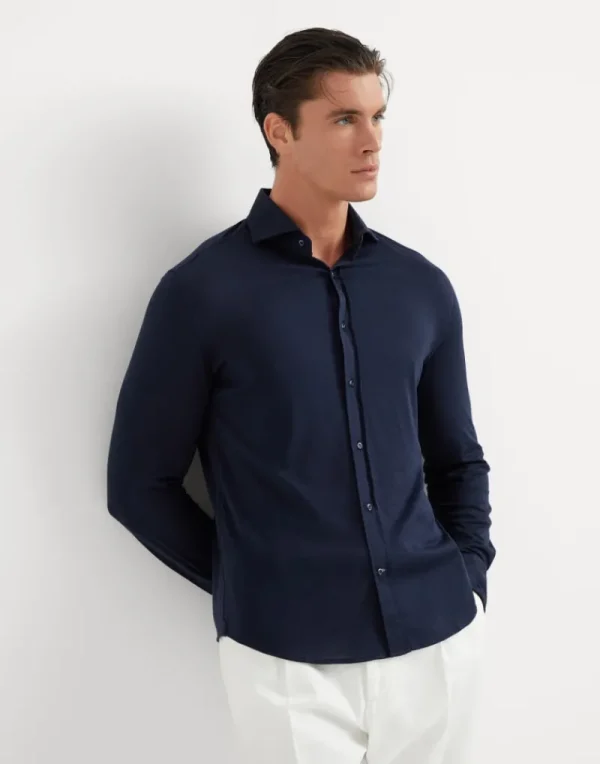 Camicie-Brunello Cucinelli Camicia in jersey leggero di seta e cotone con colletto francese Blu (C6134)