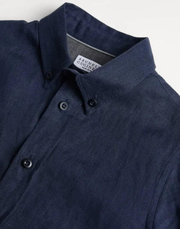 T-shirt & Camicie-Brunello Cucinelli Camicia in lino con colletto button down Blu Navy (C019)