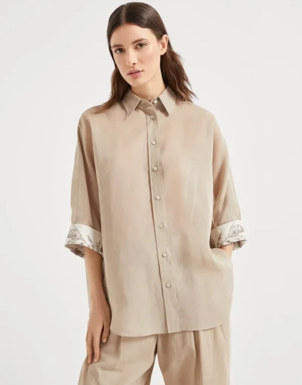 Camicie-Brunello Cucinelli Camicia in organza di cotone con Glistening Herbarium Embroidery Beige (C8690)