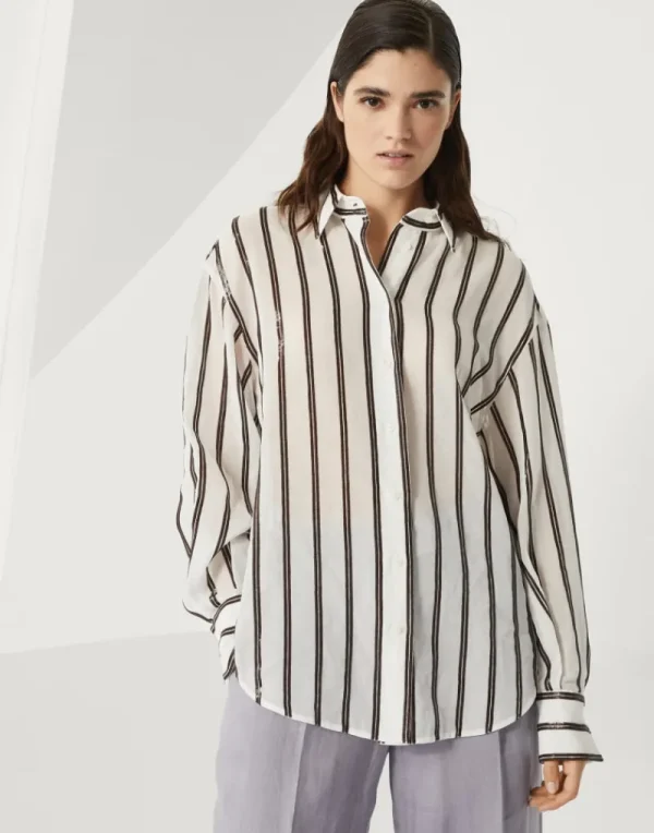 Camicie-Brunello Cucinelli Camicia in organza di cotone con Dazzling Stripe Embroidery Marrone (C100)