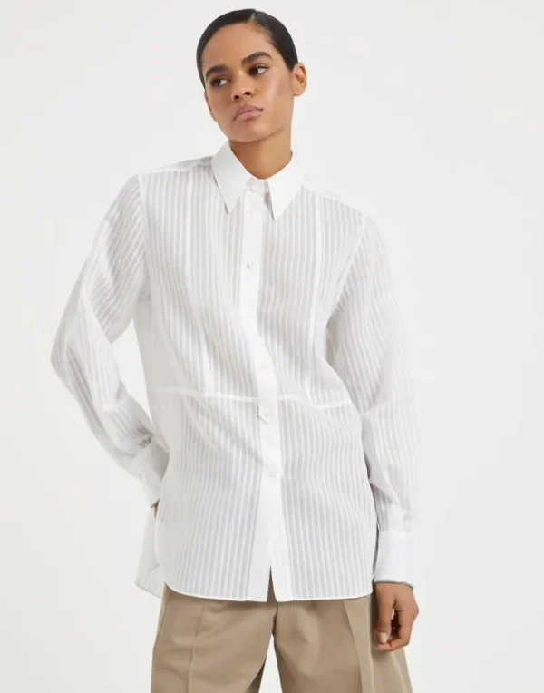 Camicie-Brunello Cucinelli Camicia in organza rigata di cotone e seta con Shiny Cuffs Bianco (C159)