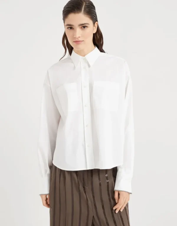 Camicie-Brunello Cucinelli Camicia in popeline di cotone stretch con Shiny Cuffs Bianco (C159)