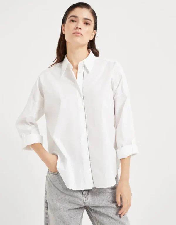 Camicie-Brunello Cucinelli Camicia in popeline di cotone stretch con Shiny Trim Bianco (C159)