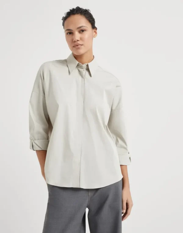 Camicie-Brunello Cucinelli Camicia in popeline di cotone stretch con Shiny Trim Avena (C7498)