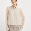 Camicie-Brunello Cucinelli Camicia in seta Crispy con inserto Dazzling Cascade Embroidery removibile Beige (C9643)