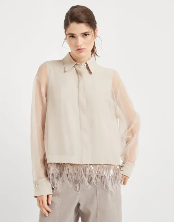 Camicie-Brunello Cucinelli Camicia in seta Crispy con inserto Dazzling Cascade Embroidery removibile Beige (C9643)