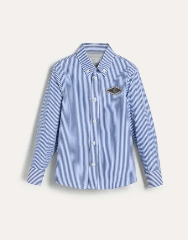 T-shirt & Camicie-Brunello Cucinelli Camicia in tela rigata di cotone con colletto button down e patch Celeste (C015)