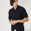 Maglieria-Brunello Cucinelli Camicia manica corta in maglia di lino e cotone a costa operata Blu Navy (CSQ16)