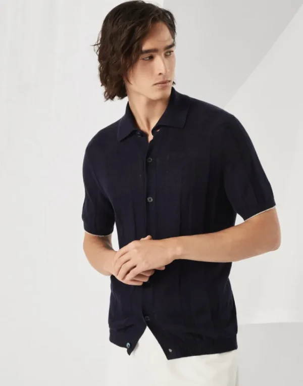 Maglieria-Brunello Cucinelli Camicia manica corta in maglia di lino e cotone a costa operata Blu Navy (CSQ16)