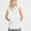 Camicie-Brunello Cucinelli Camicia senza maniche in popeline di cotone stretch con Shiny Trim Bianco (C159)