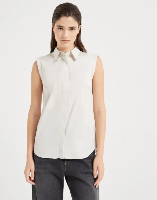 Camicie-Brunello Cucinelli Camicia senza maniche in popeline di cotone stretch con Shiny Trim Perla (C9443)