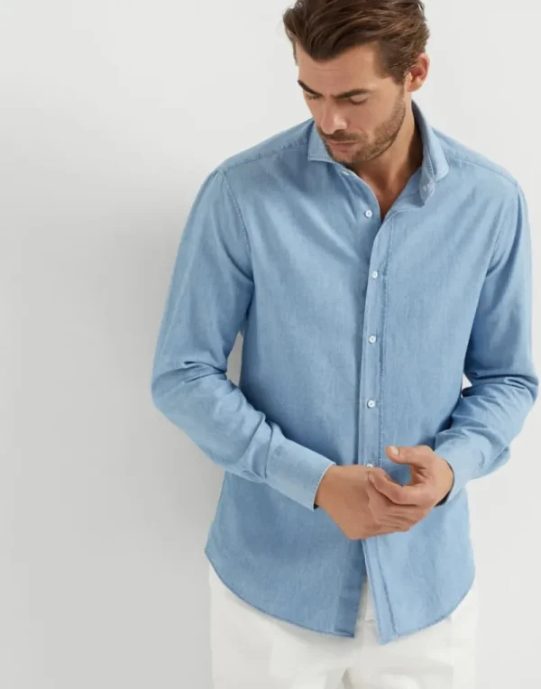 Camicie-Brunello Cucinelli Camicia slim fit in chambray effetto denim con colletto francese Denim Medio (C011)