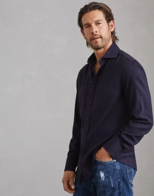 Camicie-Brunello Cucinelli Camicia slim fit in flanella chevron di cotone stretch con colletto francese Blu Navy (C019)