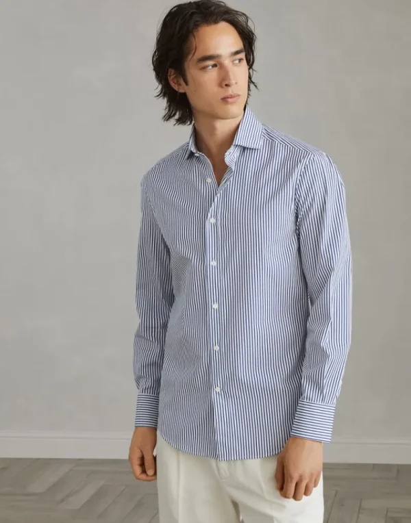 Camicie-Brunello Cucinelli Camicia slim fit in popeline rigato con colletto francese Blu (C015)