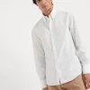 Camicie-Brunello Cucinelli Camicia slim fit in tela gessato fine con colletto button down Antracite (C045)