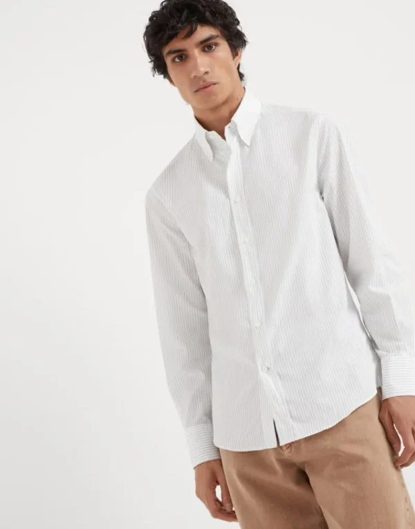 Camicie-Brunello Cucinelli Camicia slim fit in tela gessato fine con colletto button down Antracite (C045)