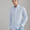 Camicie-Brunello Cucinelli Camicia slim fit in tela rigata di cotone con colletto button down Azzurro (C011)