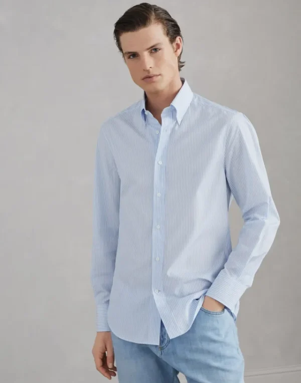 Camicie-Brunello Cucinelli Camicia slim fit in tela rigata di cotone con colletto button down Azzurro (C011)