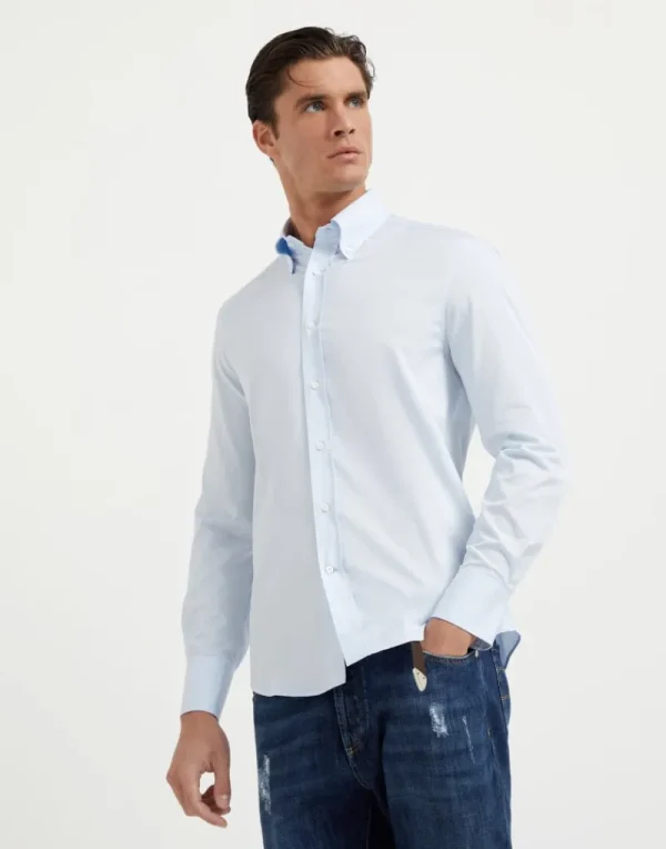 Camicie-Brunello Cucinelli Camicia slim fit in twill con colletto button down Azzurro (C735)