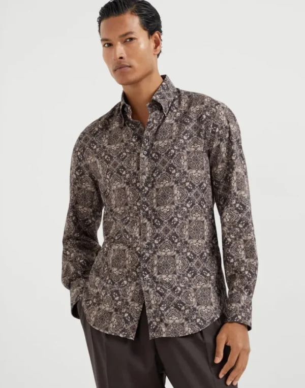 Camicie-Brunello Cucinelli Camicia slim fit in twill Paisley di cotone con colletto button down Antracite (C010)