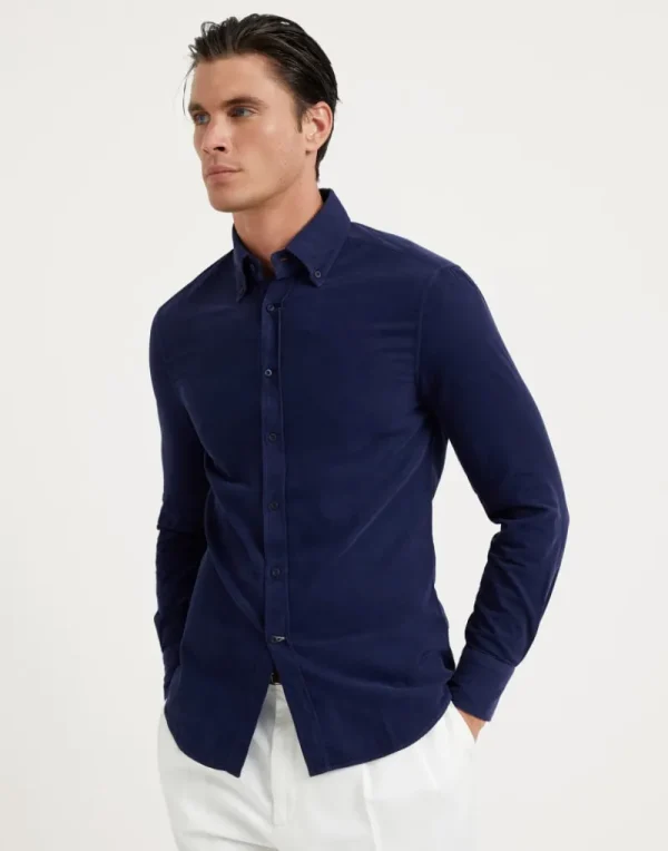 Camicie-Brunello Cucinelli Camicia slim fit in velluto a costine tinto capo con colletto button down Blu (C7028)