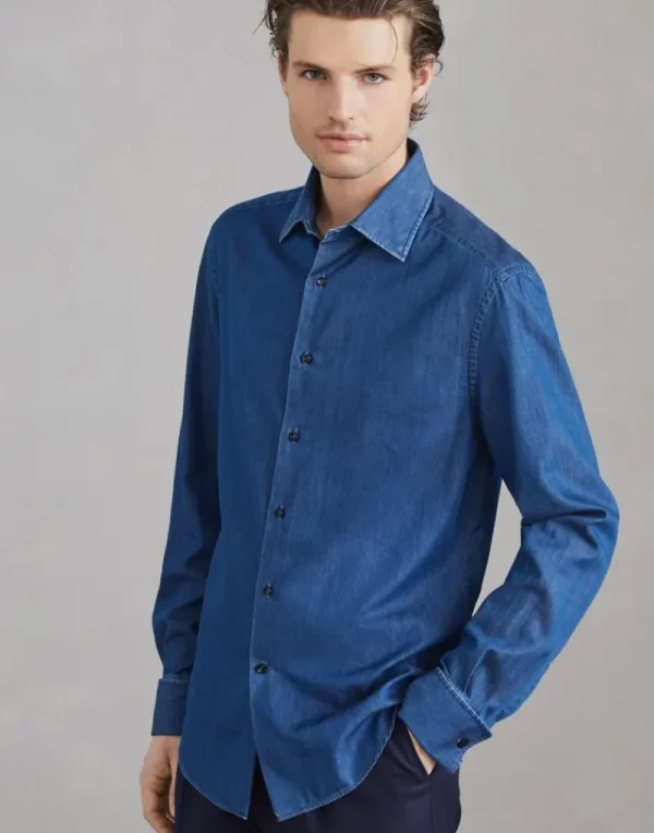 Camicie | Smoking-Brunello Cucinelli Camicia slim fit per smoking in denim leggero con colletto francese Denim (CZH90)