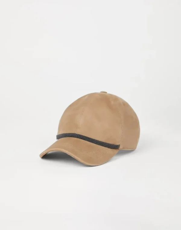 Cappelli-Brunello Cucinelli Cappello Baseball in camoscio con Shiny Trim Marrone Chiaro (C6667)