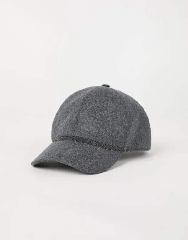 Cappelli-Brunello Cucinelli Cappello Baseball in flanella di lana vergine e cashmere con Shiny Band Grigio Scuro (C032)