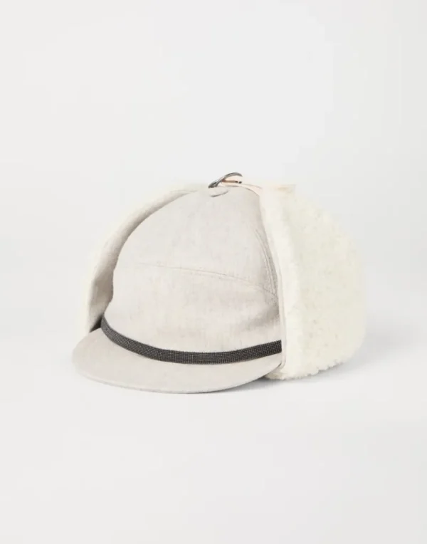 Cappelli-Brunello Cucinelli Cappello baseball in flanella di lana vergine con paraorecchie foderati in shearling e Shiny Band Grigio Chiaro (C351)