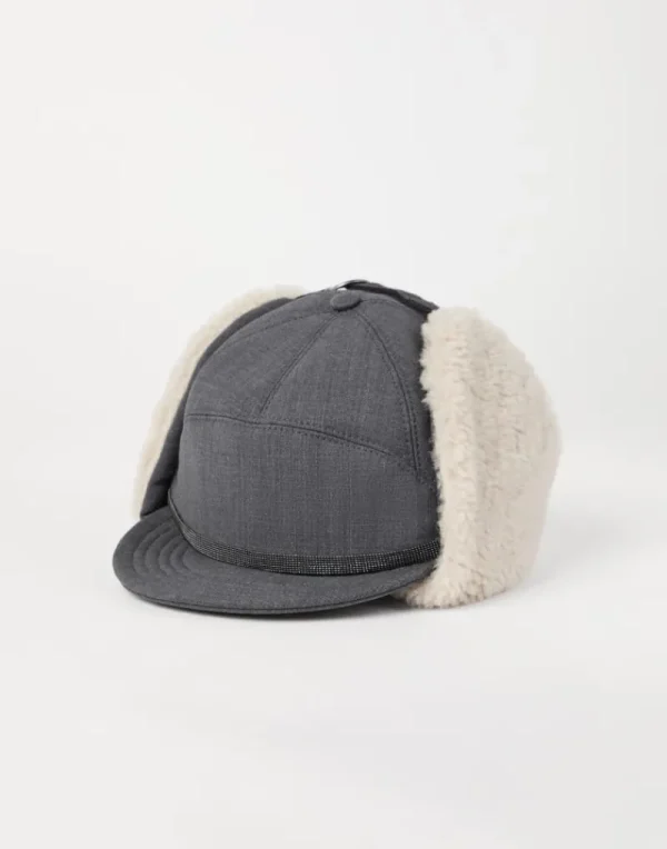 Cappelli-Brunello Cucinelli Cappello baseball in lana Tropical Luxury con paraorecchie foderati in shearling e Shiny Band Grigio (C4078)